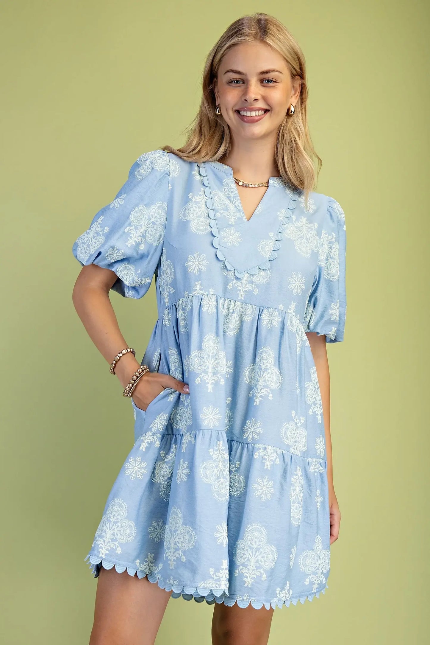 Puff Printed Tiered Mini Dress with Decorative Trim Details
