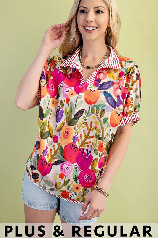 Floral Fuchsia Mock-Neck Top with Contrasting Stripe Accents (Plus)