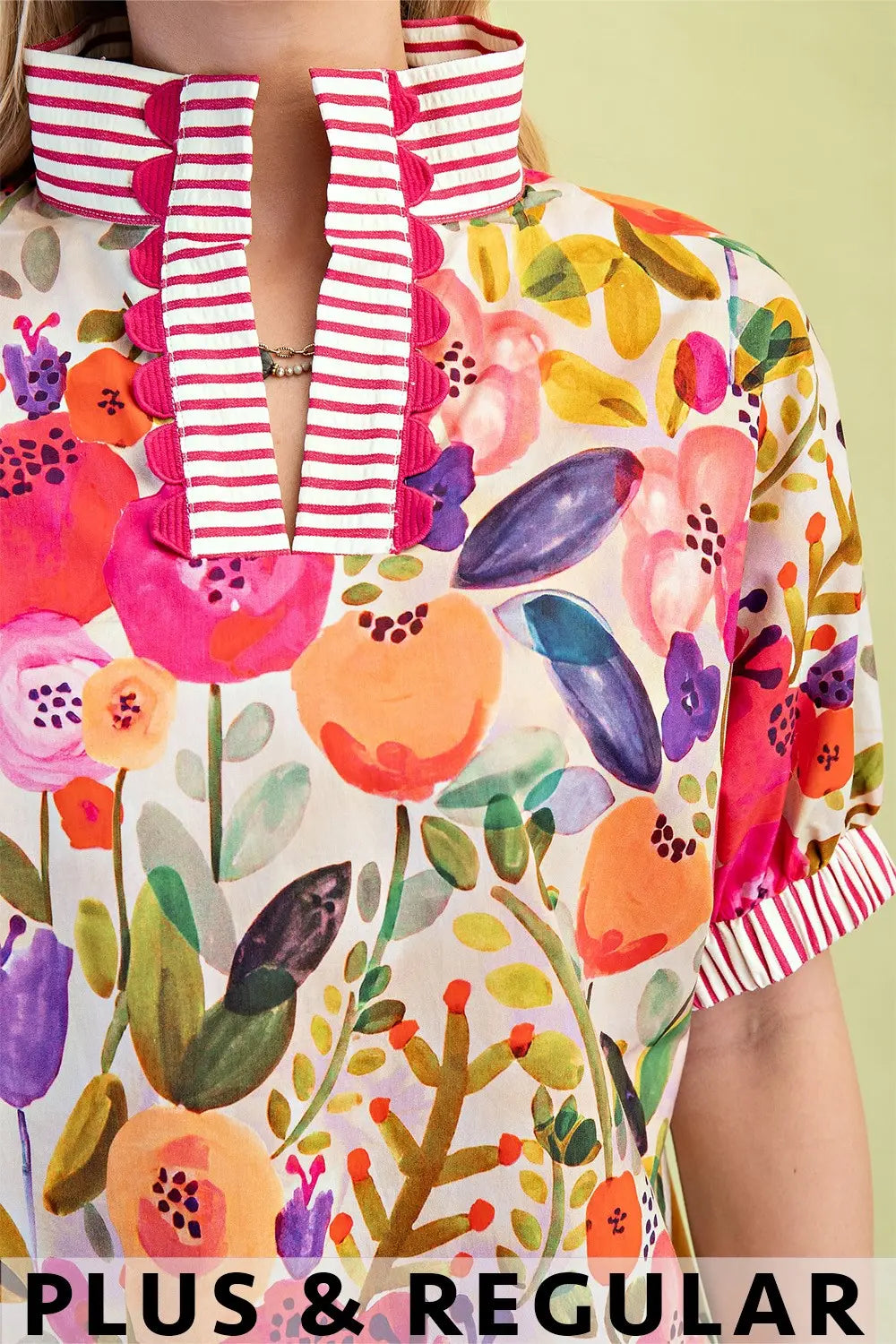 Floral Fuchsia Mock-Neck Top with Contrasting Stripe Accents (Plus)