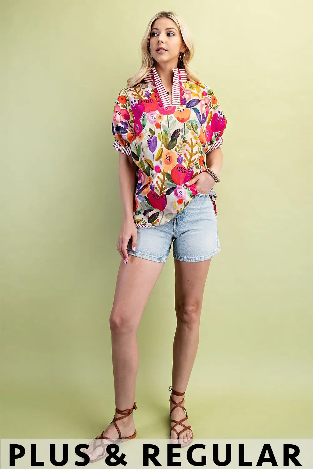 Floral Fuchsia Mock-Neck Top with Contrasting Stripe Accents (Plus)