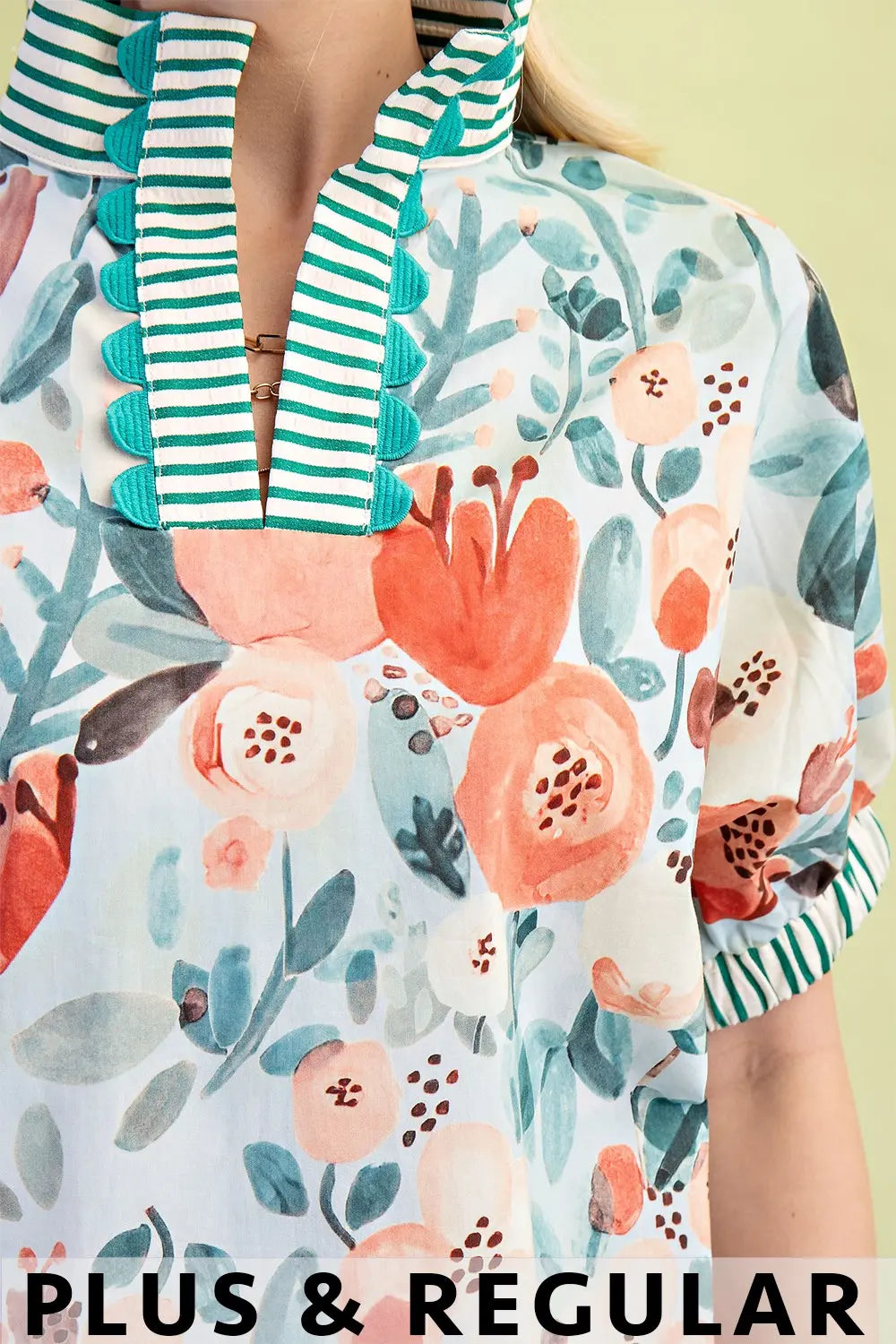 Floral Green Mock-Neck Top with Contrasting Stripe Accents (Plus)