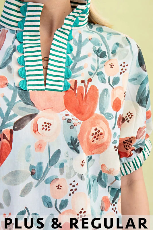 Floral Green Mock-Neck Top with Contrasting Stripe Accents (Plus)