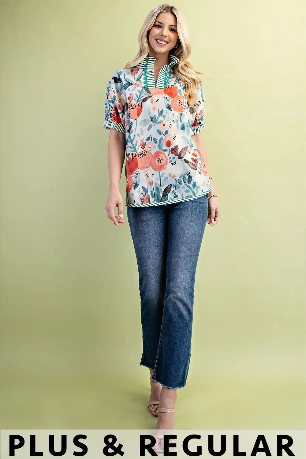 Floral Green Mock-Neck Top with Contrasting Stripe Accents (Plus)