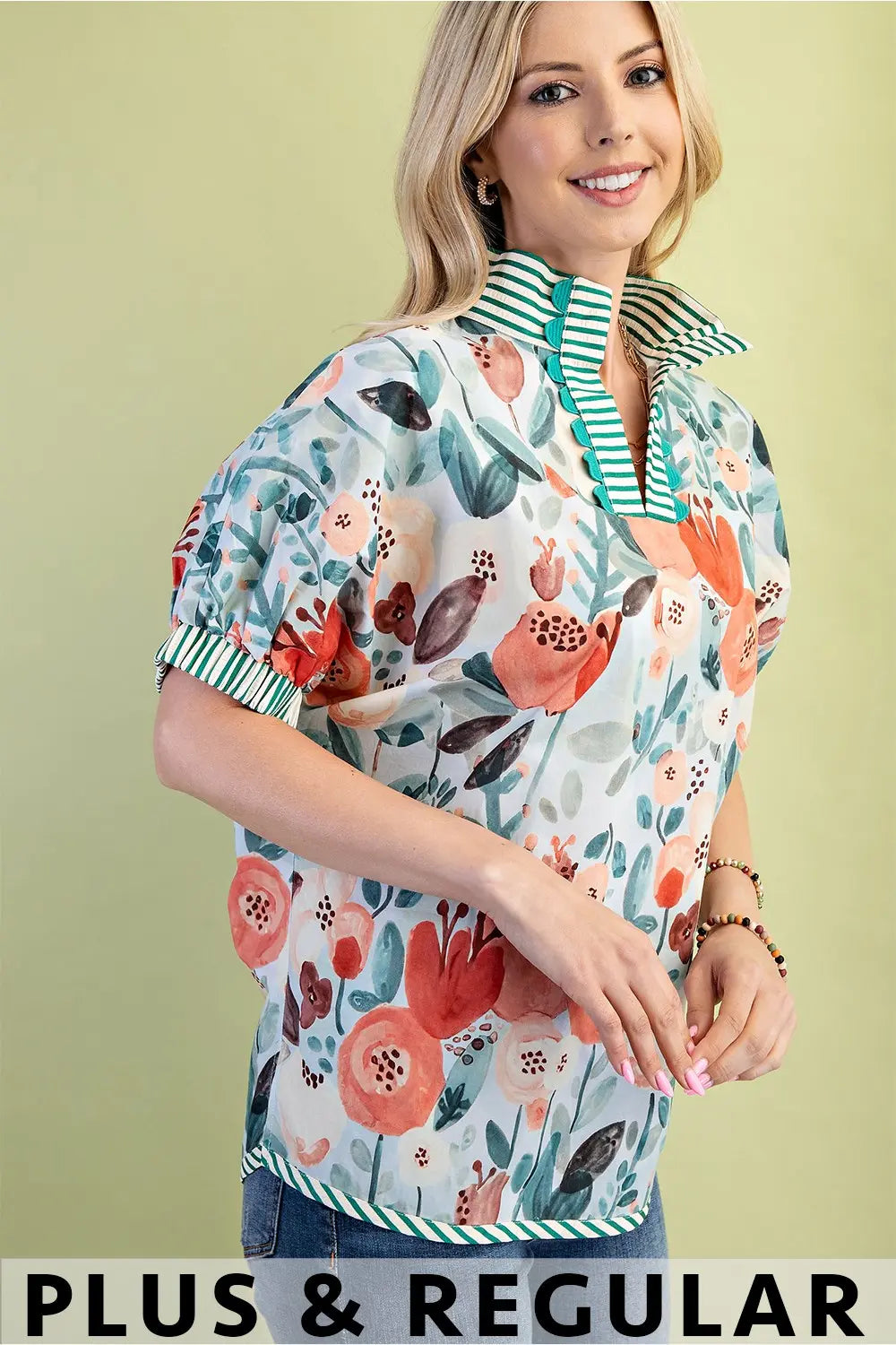 Floral Green Mock-Neck Top with Contrasting Stripe Accents (Plus)