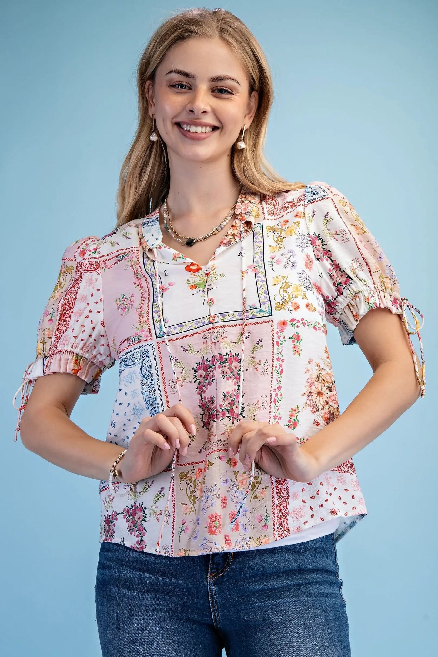 Patchwork Print Half Button Blouse with Neck and Sleeve Tie Details