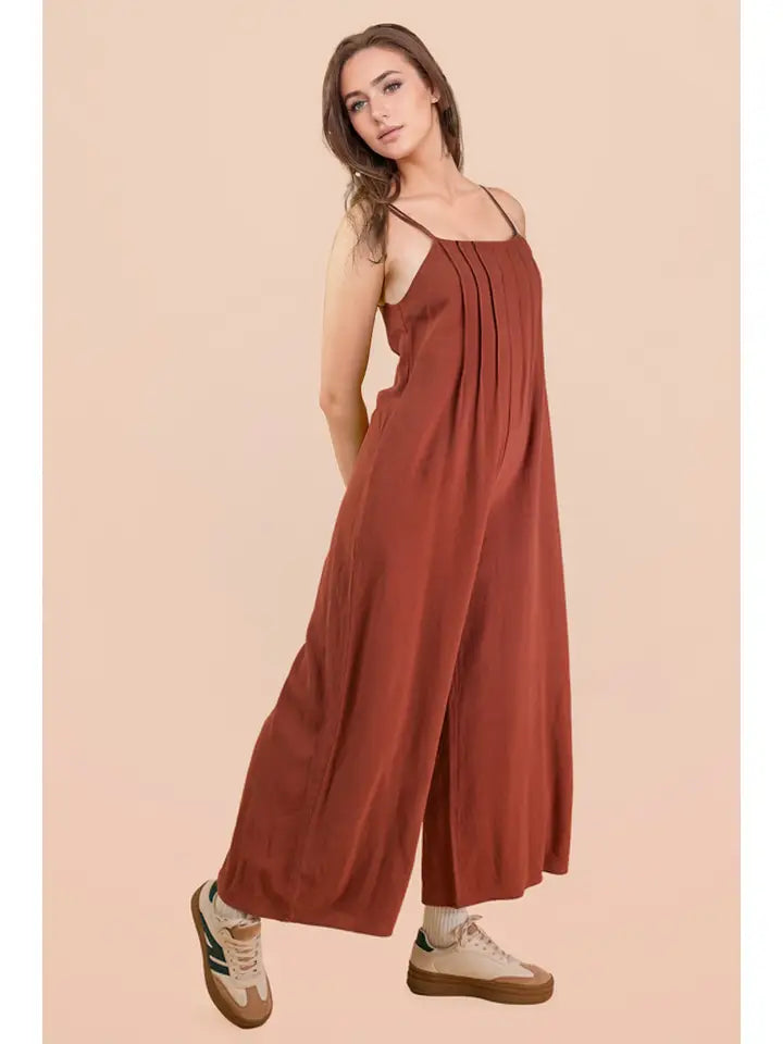 Pleated Solid Woven Sleeveless Jumpsuit