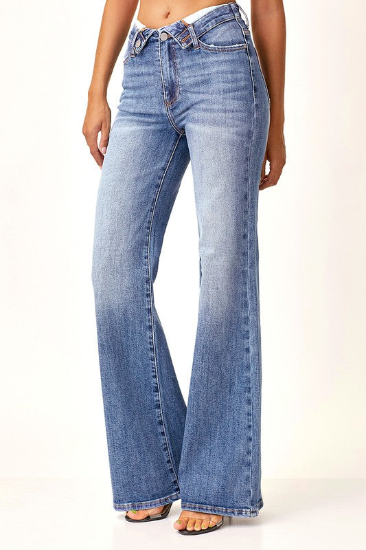 RISEN MIDRISE FOLD OVER WAIST WIDE LEG JEANS