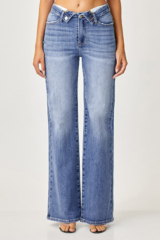 RISEN MIDRISE FOLD OVER WAIST WIDE LEG JEANS