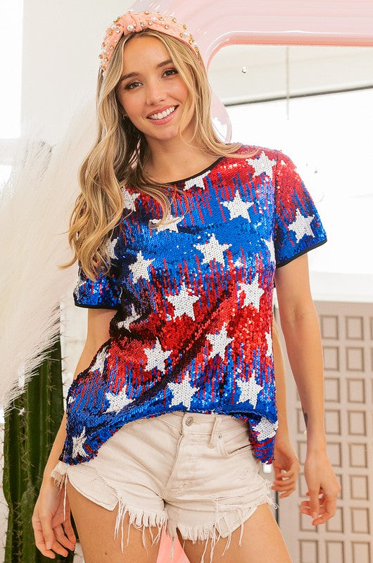 AMERICAN THEME STAR PATTERN SEQUIN TOP