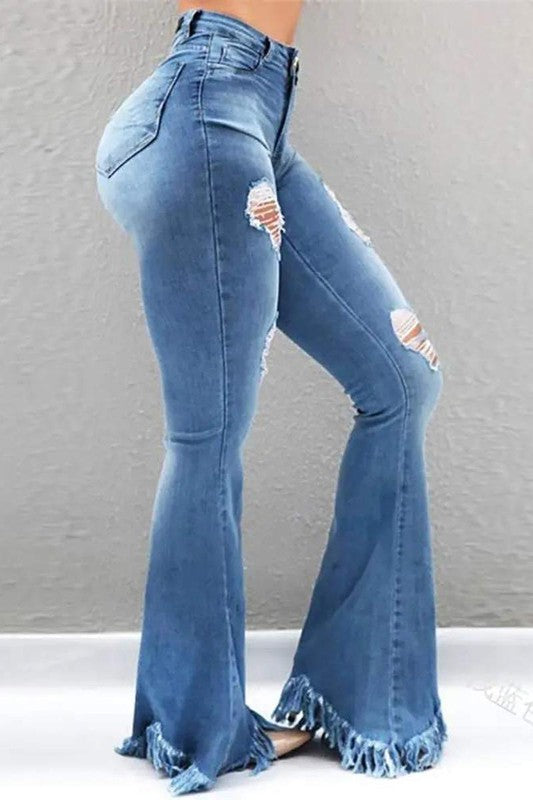 BeBe Bell Bottom Distressed Tassel Jeans