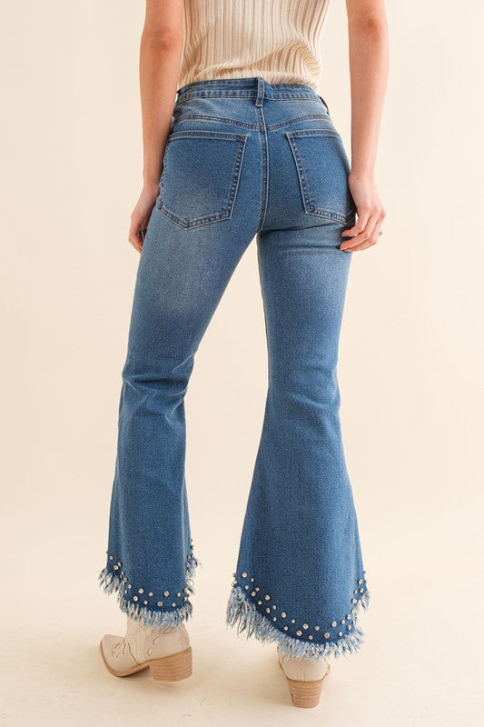 Destressed Bottom Edge w/ Rhinestone Denim Jeans