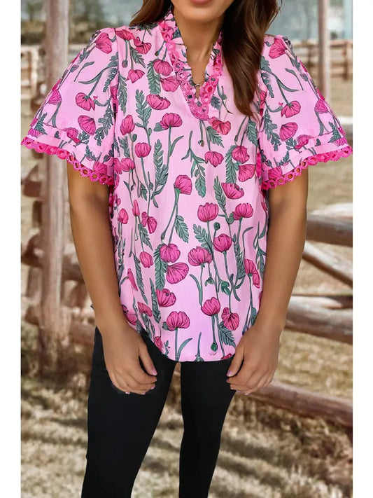 Floral Lace Detail Frilled V Neck