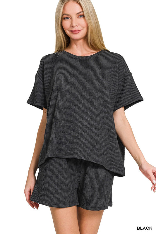 Raised Rib Short Sleeve Tee & Short Pants Set (Black)