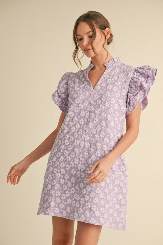 Floral Embroidered Ruffly Sleeve Dress
