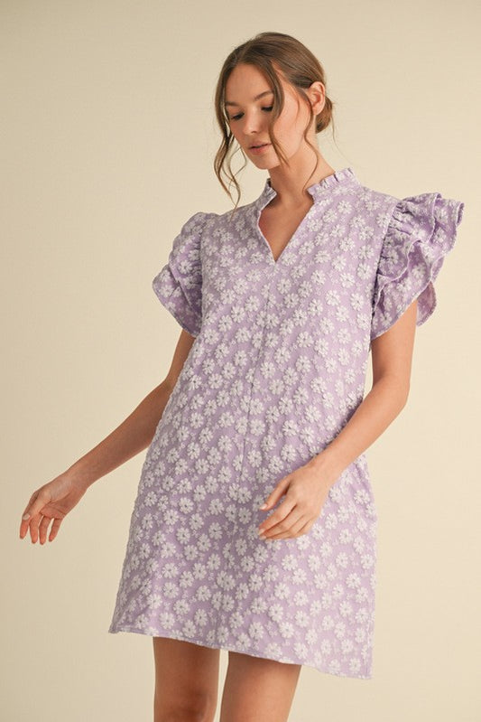 Floral Embroidered Ruffly Sleeve Dress