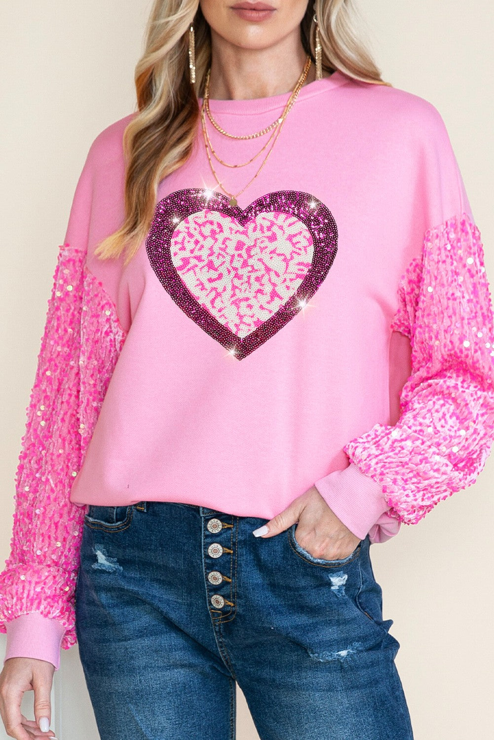 Heart Graphic Sequin Patchwork Valentines Top