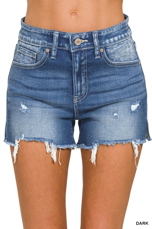 Raw Frayed Hem Cutoff Side Slit Denim Shorts
