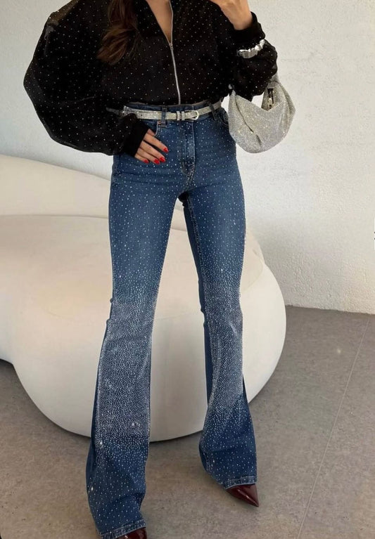 Flared Stretch Jeans With Rhinestone Sparkle