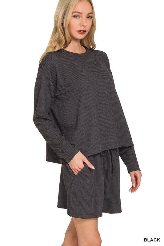 Raised Rib Long Sleeve Tee & Shorts Set w/pockets