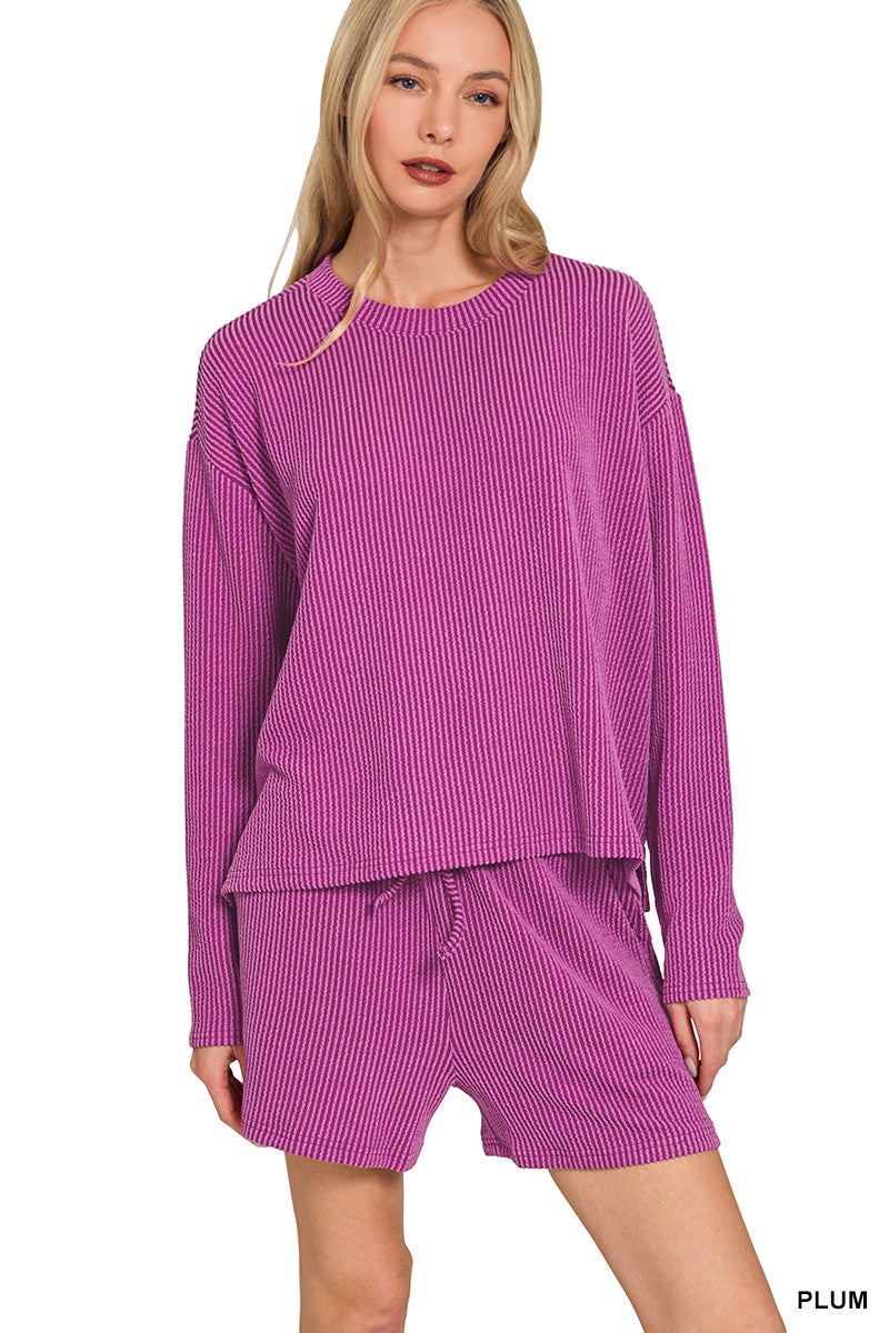 Raised Rib Long Sleeve Tee & Shorts Set w/pockets