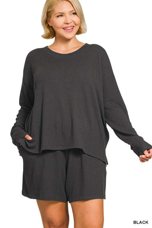 Plus Raised Rib Long Sleeve Tee & Shorts Set