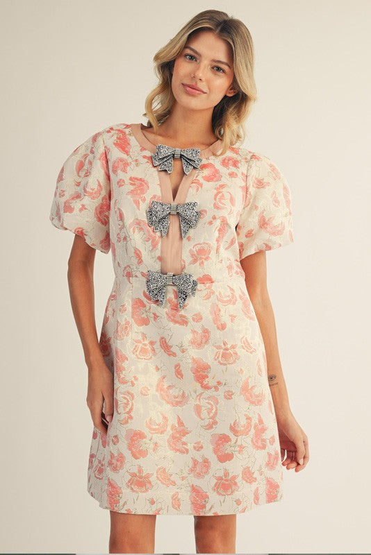 Rhinestone Bow Accent Floral Dress