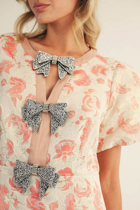 Rhinestone Bow Accent Floral Dress