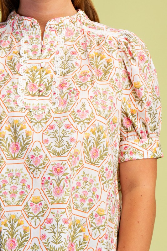 Floral Tile Print Short Puff Sleeve Top