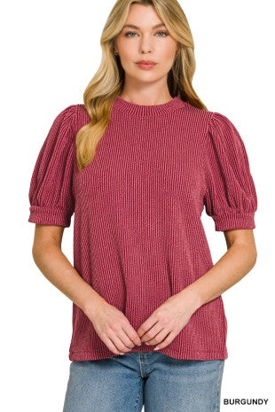 Raised Rib Puff Sleeve Top
