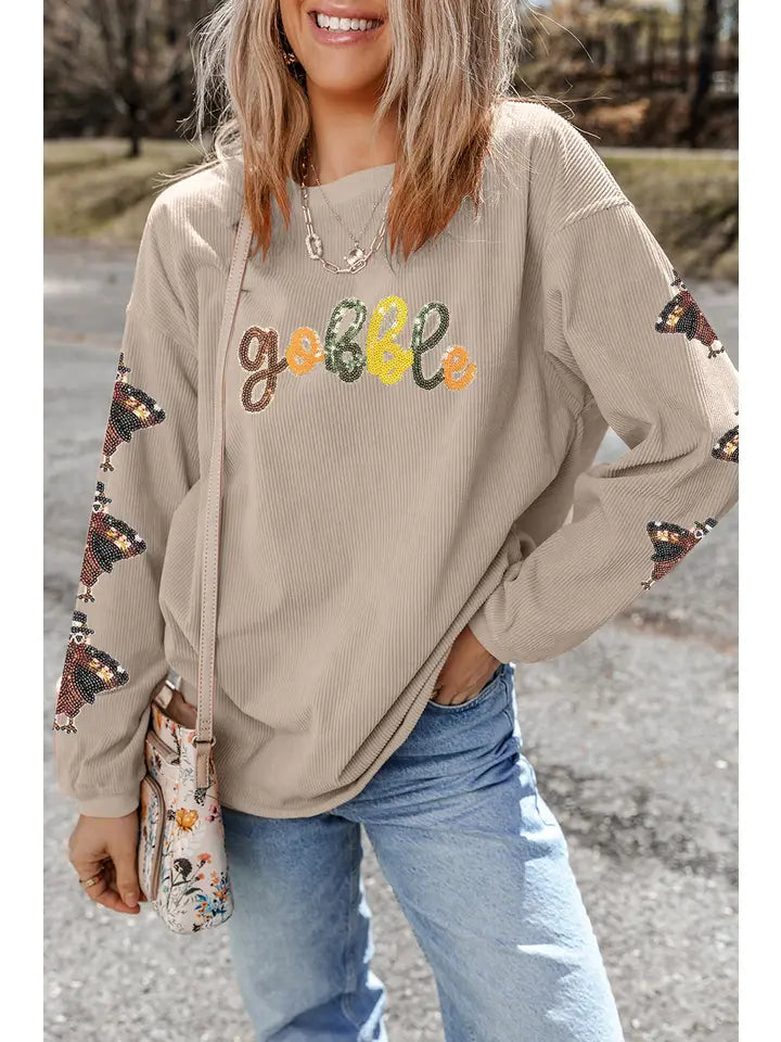 Turkey Sequin Patched Sleeve Gobble Baggy Sweatshirt