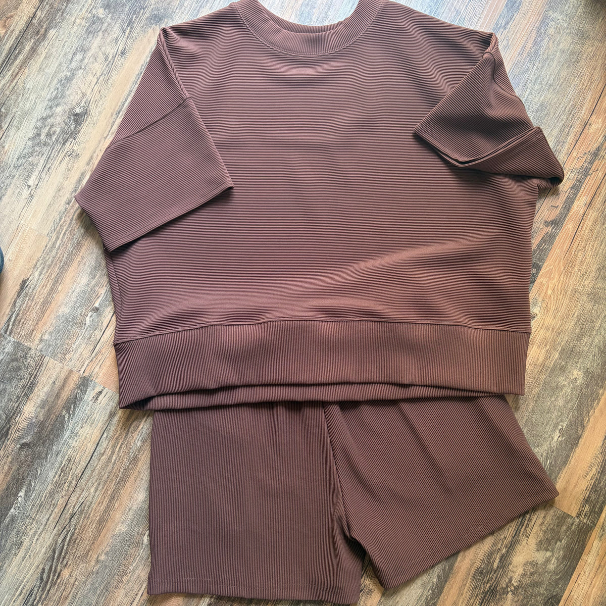 Ribbed Round Neck Waist Banded Tee & Shorts Set