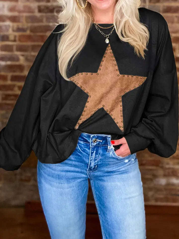 Studded Star Graphic Oversized Long Sleeve Top