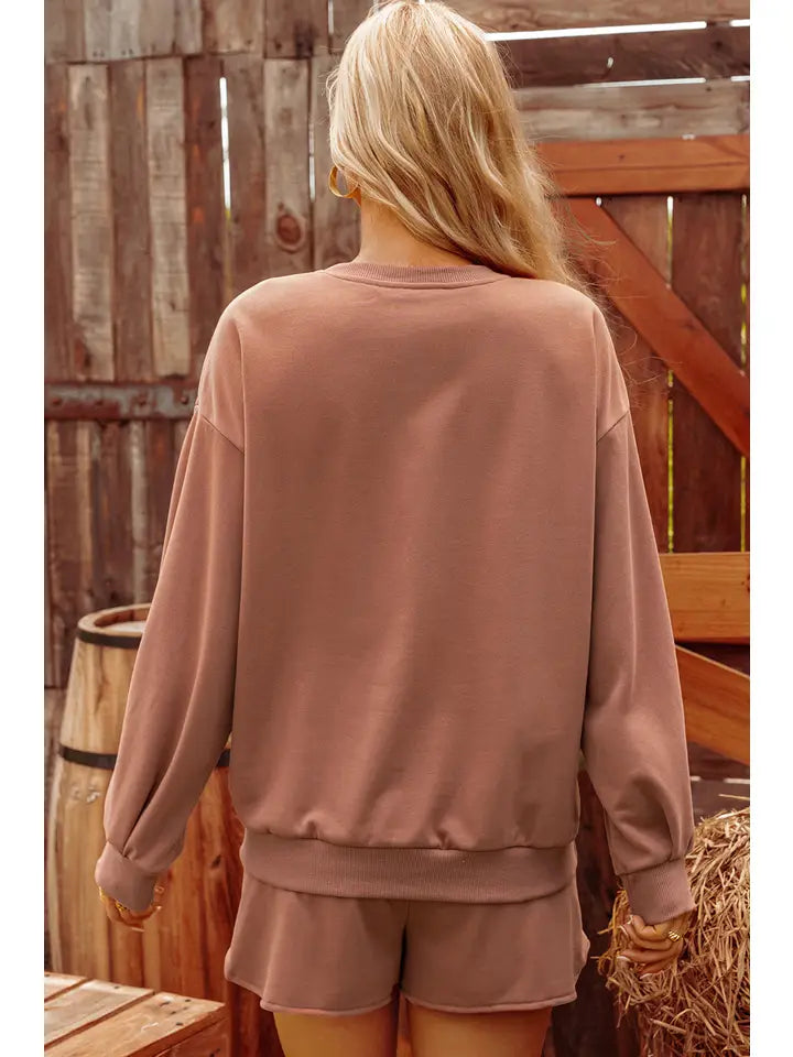 Sequin Coffee Loose Fit Sweatshirt and Shorts Set