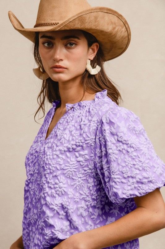 Floral Pattern Texture Sleeves Ruffled V-neck Top