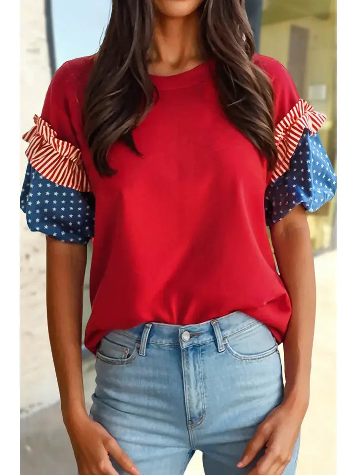 Stars Stripes Short Puff Sleeve Top