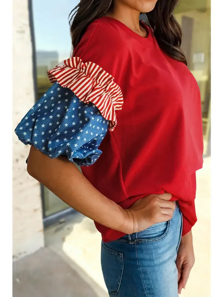 Stars Stripes Short Puff Sleeve Top