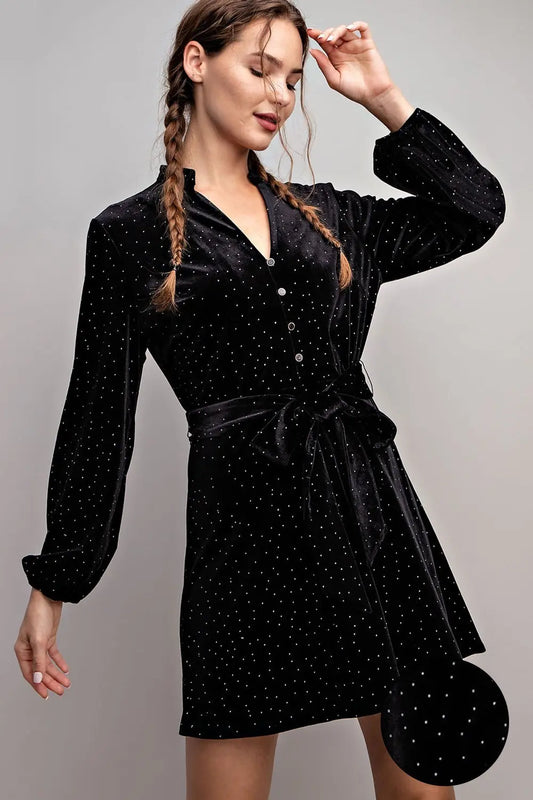Rhinestone Tie Waist Velvet Dress