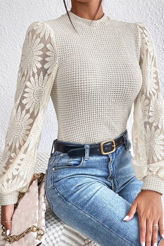 SOLID WAFFLE KNIT SUNFLOWER MESH SLEEVE TOP