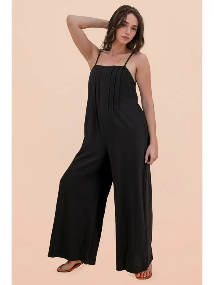 Pleated Solid Woven Sleeveless Jumpsuit
