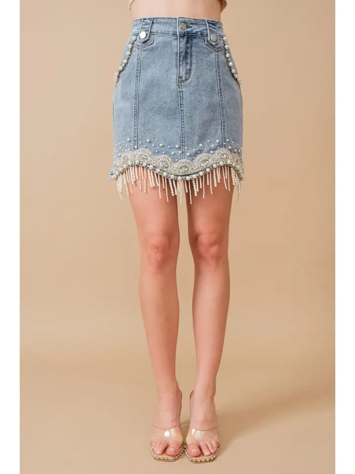 Stretch Denim Embellished Pearl Fringe Mini Skirt