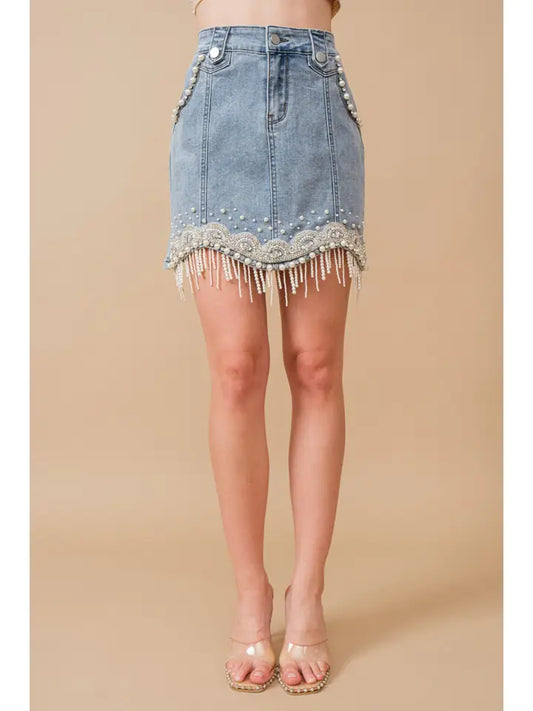 Stretch Denim Embellished Pearl Fringe Mini Skirt
