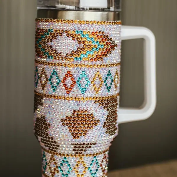 Ivory Aztec Rhinestone 40oz Tumbler