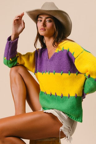 STITCH DETAIL MARDI GRAS STRIPES SWEATER