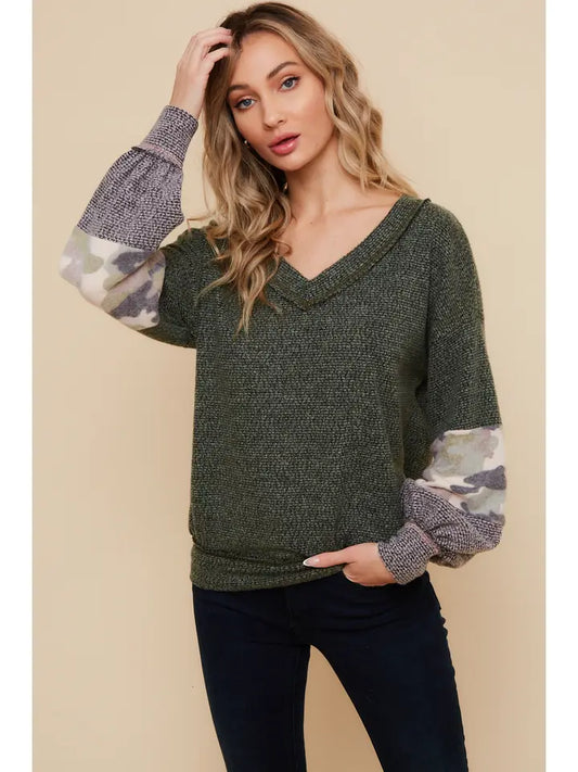 Olive Color Block V-neck Knit Top