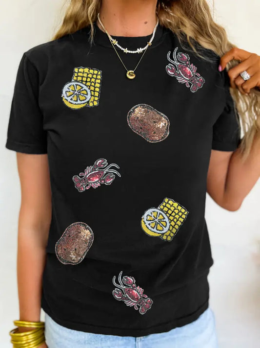 Sequin Crawfish Boil Crewneck T Shirt-Black