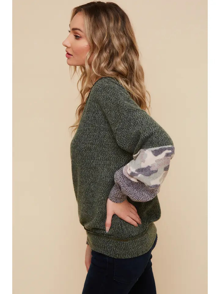 Olive Color Block V-neck Knit Top