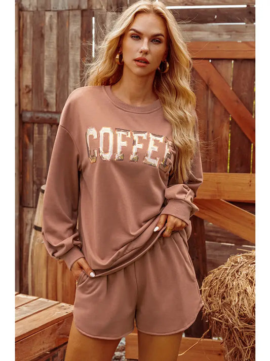 Sequin Coffee Loose Fit Sweatshirt and Shorts Set