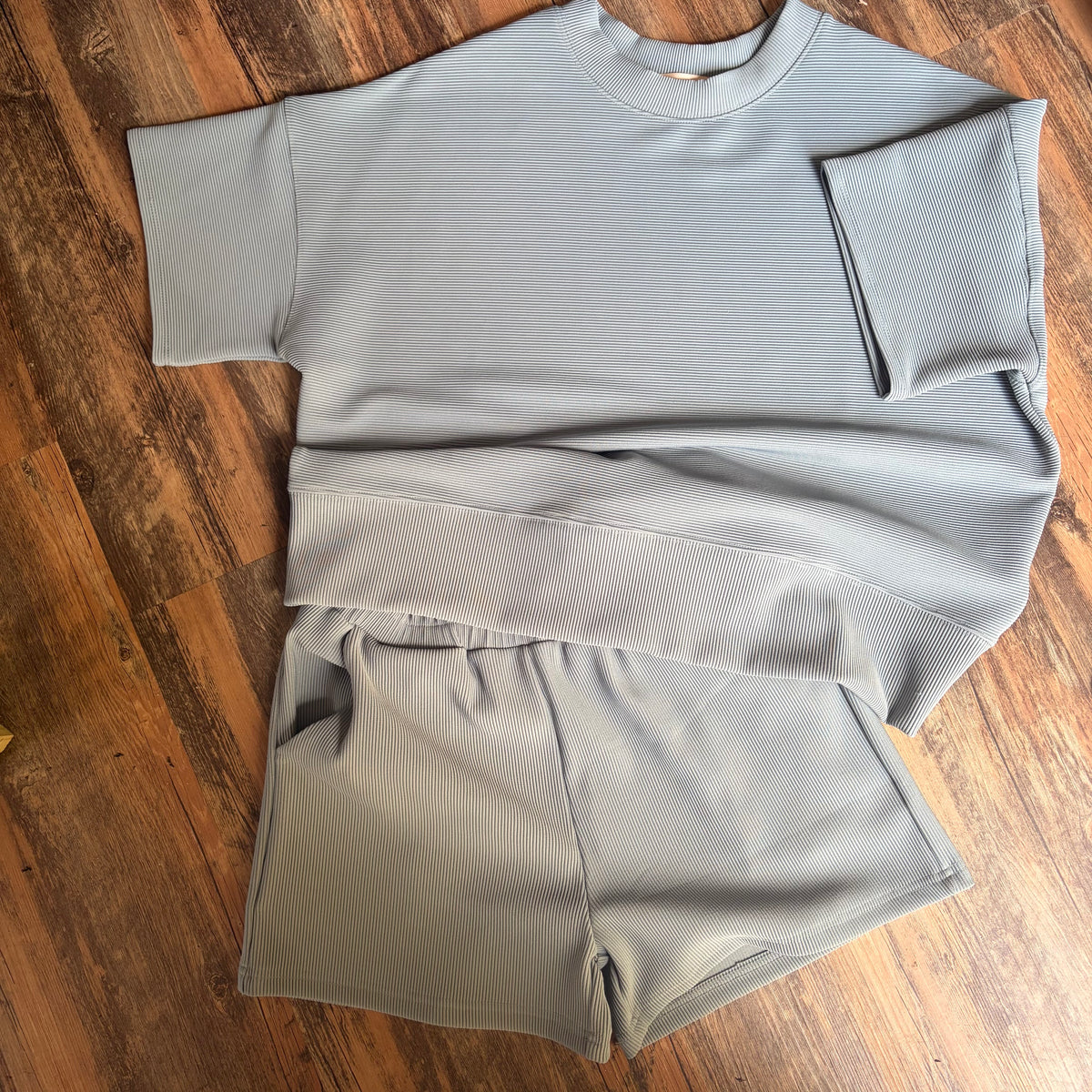 Ribbed Round Neck Waist Banded Tee & Shorts Set