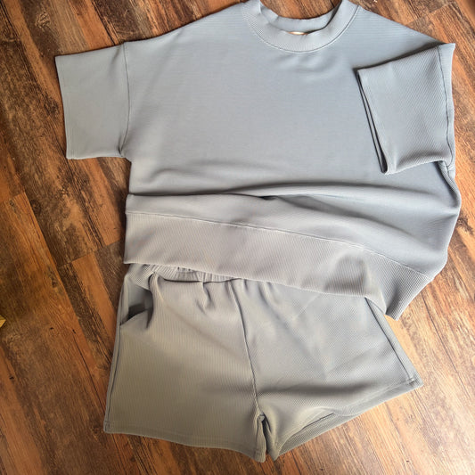 Ribbed Round Neck Waist Banded Tee & Shorts Set