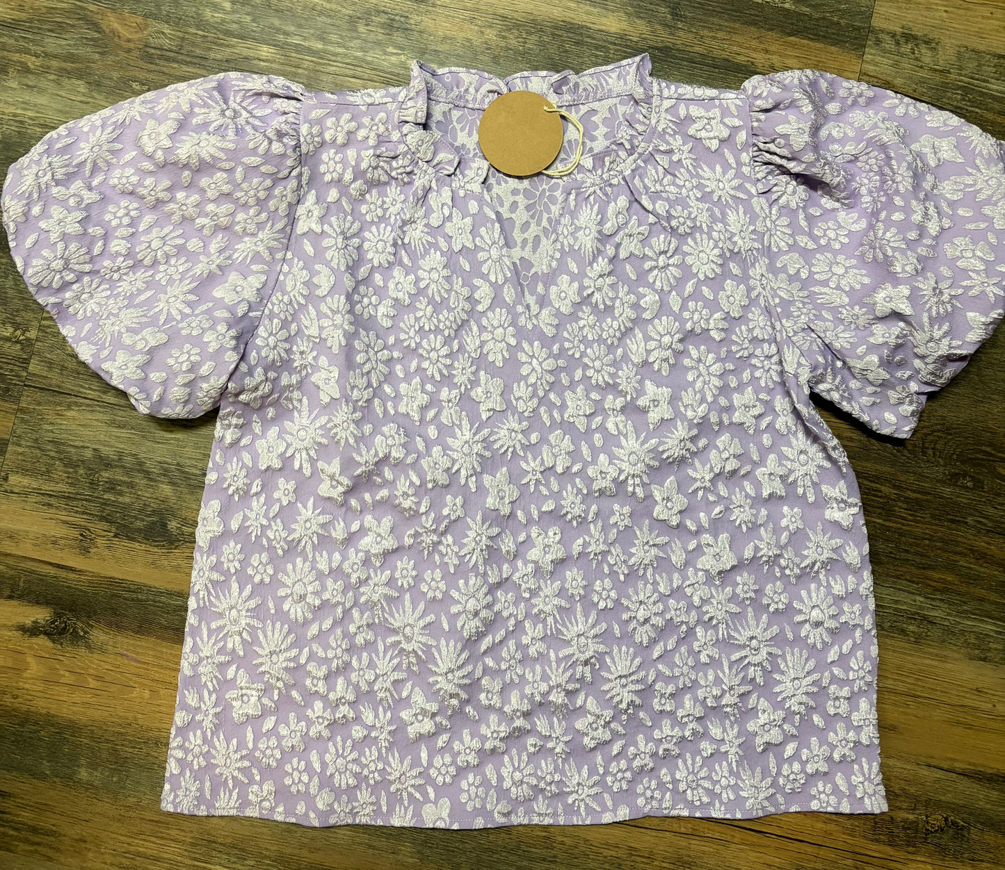 Floral Pattern Texture Sleeves Ruffled V-neck Top